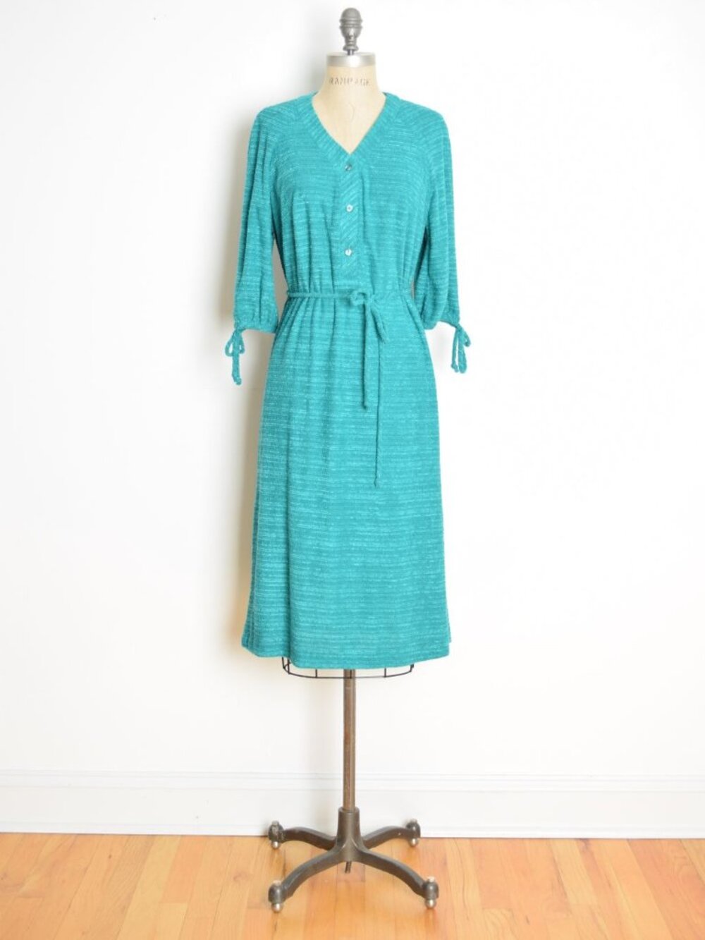vintage 70s dress teal terry cloth velour string belt draped dolman disco midi L